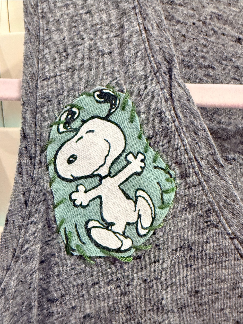 Madewell Gray V-Neck Tank Top Upcycled w/ Hand-Stitched Snoopy & Woodstock